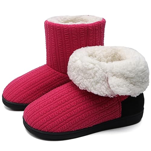 ONCAI Hausschuhe Stiefel Damen Warme Wolle Gestrickte Mode Baumwolle Bootie Pantoffeln Muster Gedruckt Rutschfeste Winterschuhe Rosenrot EU 38/39 von ONCAI