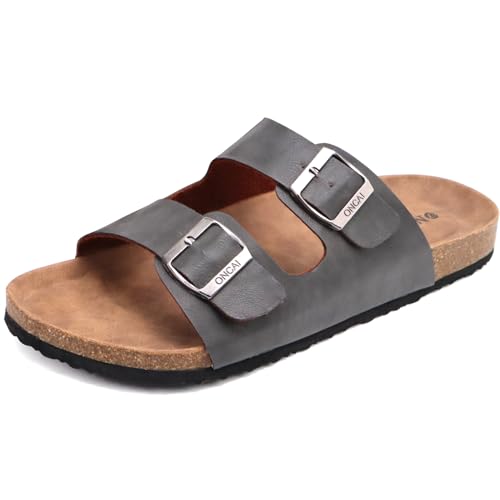 ONCAI Herren-Hausschuhe-Pantoletten-Schlappen-Sommerschuhe Flache Sandalen schieben und Sommer Drinnen und Draußen Kork-Sandalen Mit Verstellbarer Rieme Grau EU Größe 43 von ONCAI