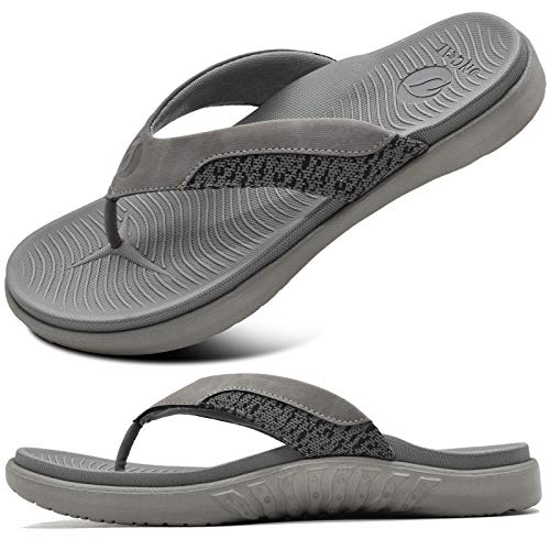 ONCAI Herren Flip Flops Sommer Sport Dusch Schwimmbad Strand Männer Zehentrenner Sandalen Badelatschen Mit Orthopädie Arch Support Gummifußbett Grau Größe 43 von ONCAI