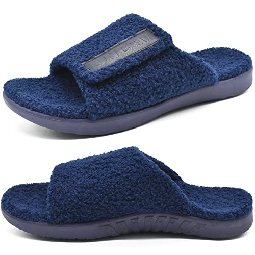 ONCAI Herren Hausschuhe mit Arch Support, Kunstfell Slides haus Pantoffeln Verstellbare Klettverschluss Orthopädische für Plantar fasciitis Komfort Memory Foam Yogamatte Fußbett Dunkelblau Größe 43.5 von ONCAI