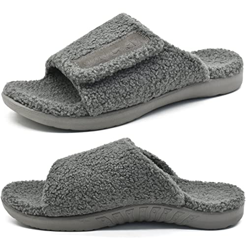 ONCAI Herren Hausschuhe mit Arch Support, Kunstfell Slides haus Pantoffeln Verstellbare Klettverschluss Orthopädische für Plantar fasciitis Komfort Memory Foam Yogamatte Fußbett Grau Größe 43 von ONCAI