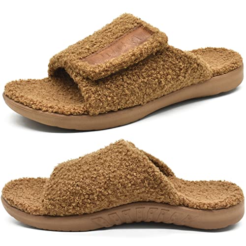 ONCAI Herren Hausschuhe mit Arch Support, Kunstfell Slides haus Pantoffeln Verstellbare Klettverschluss Orthopädische für Plantar fasciitis Komfort Memory Foam Yogamatte Fußbett Khaki Größe 43 von ONCAI