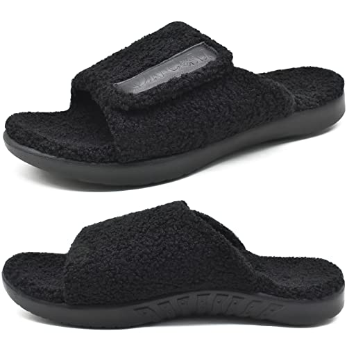 ONCAI Herren Hausschuhe mit Arch Support, Kunstfell Slides haus Pantoffeln Verstellbare Klettverschluss Orthopädische für Plantar fasciitis Komfort Memory Foam Yogamatte Fußbett Schwarz Größe 43.5 von ONCAI