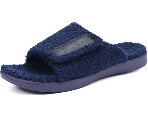 ONCAI Herren Hausschuhe, Verstellbare Klettverschluss Slides, Warme Komfort Yogamatte Memory-Schaum Kunstfell Pantoffeln, Dunkelblau Größe 43 von ONCAI
