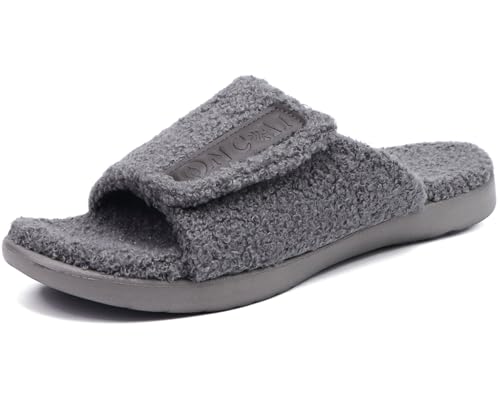 ONCAI Herren Hausschuhe, Verstellbare Klettverschluss Slides, Warme Komfort Yogamatte Memory-Schaum Kunstfell Pantoffeln, Grau Größe 43 von ONCAI