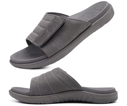 ONCAI Herren Sandalen Verstellbare Riemen Orthotische Plantar Fasciitis Offene Zehe Sports Slides Badesandalen mit Weichem Bequemem Arch Support Fußbett Grau Größe 44.5 von ONCAI