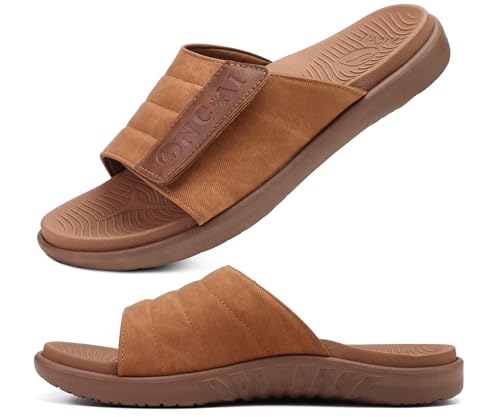 ONCAI Herren Sandalen Verstellbare Riemen Orthotische Plantar Fasciitis Offene Zehe Sports Slides Badesandalen mit Weichem Bequemem Arch Support Fußbett Khaki Größe 43 von ONCAI