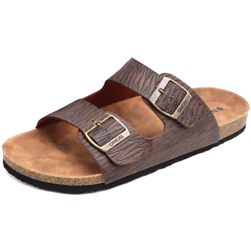 ONCAI Pantoletten Herren,Kork Hausschuhe Flache Sommerstrand Schlappen Drinnen und Draußen Sandalen Mit Verstellbarer Rieme Holzmaserung Braun EU 42 von ONCAI