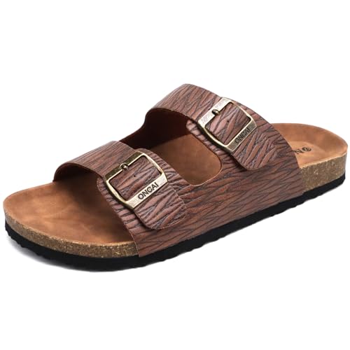 ONCAI Pantoletten Herren,Kork Hausschuhe Flache Sommerstrand Schlappen Drinnen und Draußen Sandalen Mit Verstellbarer Rieme Holzmaserung Khaki EU 43.5 von ONCAI