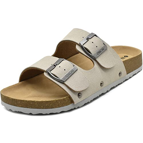 ONCAI Sandalen Damen Kork-Fußbett Pantoletten Damen Flach Rutschfest Sommer Badelatschen Mit Verstellbarer Rieme Elfenbein Weiß Größe 38 von ONCAI