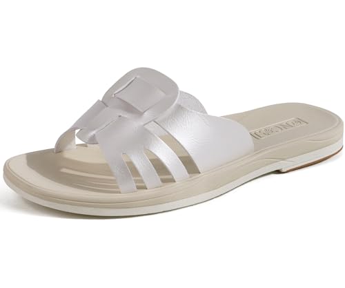 ONCAI Slides Sandalen Damen, Flache für Damen 2025 Modische Sommer Strand rutschfesten Gummisohlen Sandalen Perlweiß Größe 42 von ONCAI