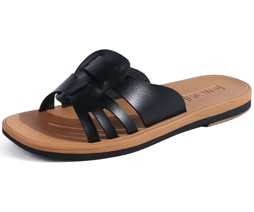 ONCAI Slides Sandalen Damen, Flache für Damen 2025 Modische Sommer Strand rutschfesten Gummisohlen Sandalen Schwarz Khaki Größe 40 von ONCAI