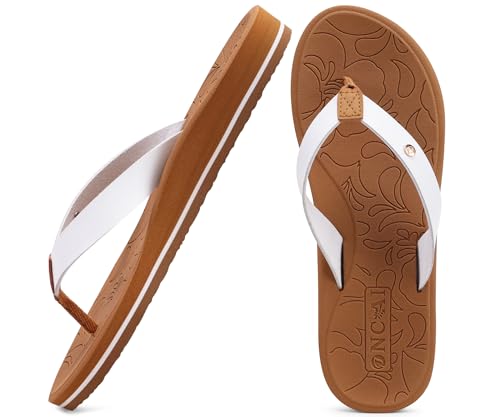 ONCAI Zehentrenner Damen mit Arch Support Yoga Matte Schwimmbad Sommer Strand Flip Flops Frau Sandalen Badelatschen mit Orthopädischen Gummisohlen Weiß/Khaki EU 41 von ONCAI