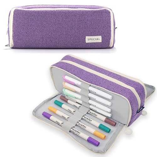 ONCCI Federmäppchen, Federtasche mit 3 Fächern Großer Kapazität Teenager Mädchen Mäppchen, Pencil Case für Schule und Büro (Linen-Purple) von ONCCI