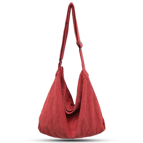 ONCCI Umhängetasche Damen Handtasche, Cord Taschen Groß Shopper Tote Bag Schultertasche Casual Crossbody Bag für Schule Uni Büro Arbeit Reisen Ausflug Einkauf (Rot) von ONCCI
