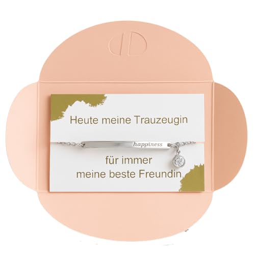 ONDEGO® Trauzeugin Armband mit Happiness Gravur, 19 cm + 4,5 cm Verlängerung, Silber oder Roségold-Plattiert, mit Kristallstein (Text A- Armband Silber) von ONDEGO