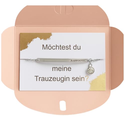ONDEGO® Trauzeugin Armband mit Happiness Gravur, 19 cm + 4,5 cm Verlängerung, Silber oder Roségold-Plattiert, mit Kristallstein (Text C- Armband Silber) von ONDEGO