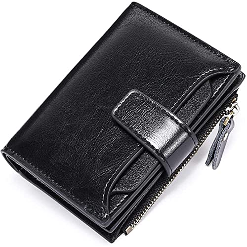 Damen Geldbörse Vintage Oil Wax Leather Wallet Kurzer Reißverschluss Damen Geldbörse Geldbörse Damen Klein (Farbe : Black, Size : 10x13x3cm) von ONDIAN