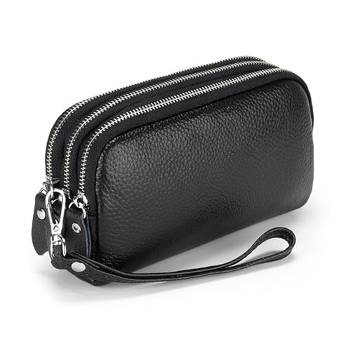 ONDIAN Lange Geldbörse Damen Damen-Clutch-Tasche, dreifacher Reißverschluss, Handgelenk-Ledertasche, Lange Geldbörse Damen Geldbörse (Farbe : Black, Size : 18.5x10.5x5.5cm) von ONDIAN