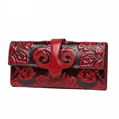 ONDIAN Lange Geldbörse Damen Floral Leather Wallet Women's Long Leather Wallet Women's Purse Damen Geldbörse (Farbe : Wine red, Size : 19.5x10x2cm) von ONDIAN