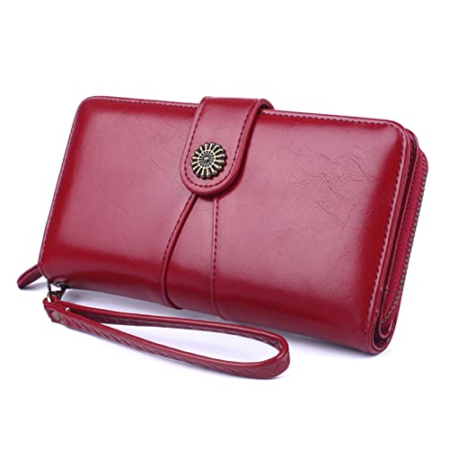 ONDIAN Lange Geldbörse Damen Handytasche Kartentasche weibliche Lange Ölwachs Leder Geldbörse Damen Geldbörse (Farbe : Wine red, Size : 20x10x3cm) von ONDIAN