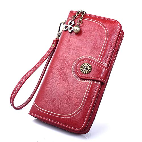 ONDIAN Lange Geldbörse Damen Leder Handytasche Reißverschluss Münztasche Damen Lange Brieftasche Handtasche Damen Geldbörse (Farbe : Wine red, Size : 19x9x3.5cm) von ONDIAN