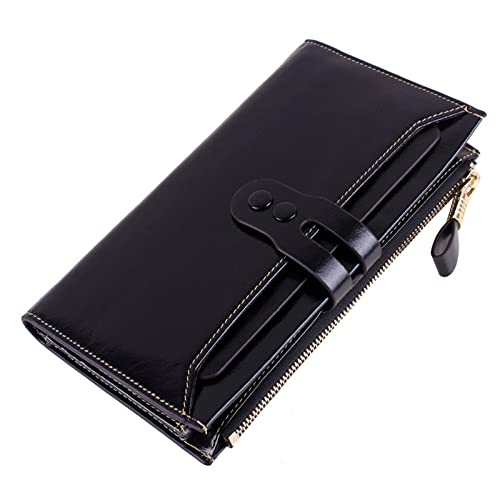 ONDIAN Lange Geldbörse Damen RFID Damen Geldbörse Lederschnalle Lange Geldbörse mit Mehreren Clips Damen Geldbörse (Farbe : Black, Size : 19x10x2.5cm) von ONDIAN