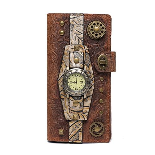 ONDIAN Lange Geldbörse Damen Steampunk Damen Lange Brieftasche Leder Vintage-Stil Kupplung Geldbörse Damen Geldbörse von ONDIAN