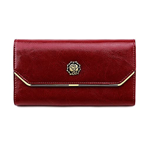 ONDIAN Lange Geldbörse Damen Vintage Damen Geldbörse Urlaub Geldbörse Leder Kartentasche Damen Geldbörse (Farbe : Wine red, Size : 19x9.7x3cm) von ONDIAN