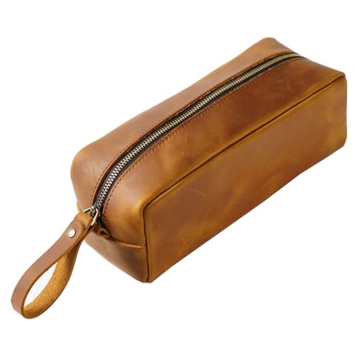 ONDIAN Leder Federmäppchen Quadratische Vintage-Bleistifttasche aus Leder mit Reißverschluss für Arbeit, Büro (Farbe : Braun, Size : 21x8x8cm) von ONDIAN