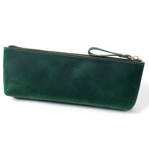 ONDIAN Leder Federmäppchen Schlichtes Federmäppchen aus Vintage-Leder mit Reißverschluss zur Aufbewahrung von Stiften für Arbeit, Büro (Farbe : Dark Green, Size : 23x9x3cm) von ONDIAN