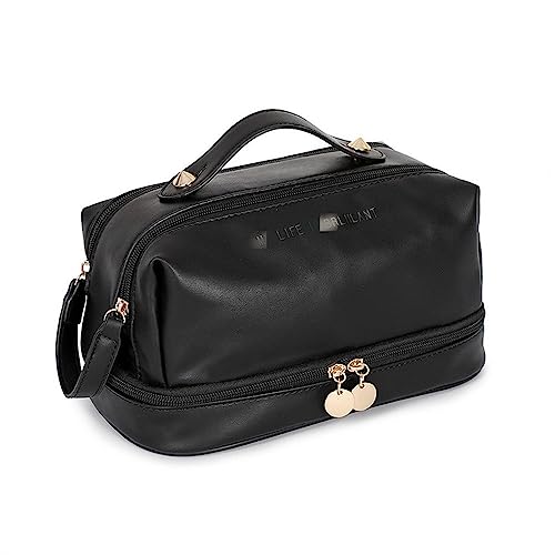 Schminktasche Handkosmetiktasche aus PU-Leder, Aufbewahrungstasche für Frauen Mädchen (Farbe : Black, Size : 13x15x26cm) von ONDIAN