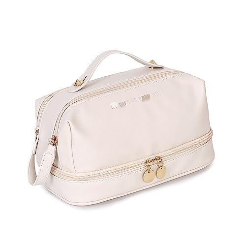 Schminktasche Handkosmetiktasche aus PU-Leder, Aufbewahrungstasche für Frauen Mädchen (Farbe : Weiß, Size : 13x15x26cm) von ONDIAN