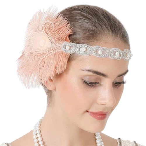 Vintage Feder Stirnband Feder-Haarband, Tanz-Haarschmuck, Abschlussball, Braut, Vintage-Kopfbedeckung Themenparty (Farbe : Rosa, Size : One Size) von ONDIAN