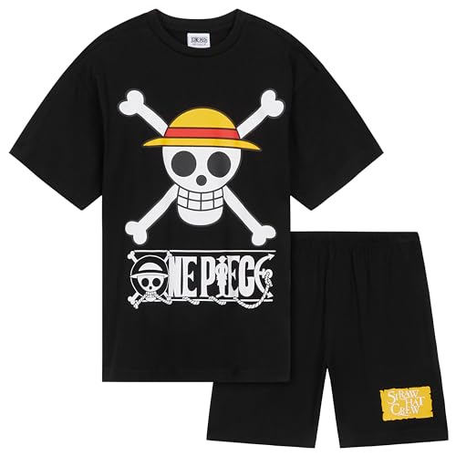 One Piece Kurzer Schlafanzug Jungen, Pyjama Set T-Shirt & Shorts - Anime Merch (Schwarz, 11-12 Jahre) von One Piece