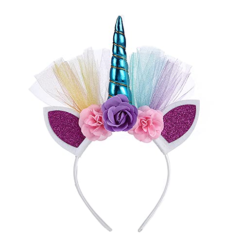 ONECHANCE Einhorn Haarband Einhorn Stirnband mit Blumen Horn Haarreif für Birthday Girl Kinder Erwachsene Geburtstag Ostern Party Cosplay Kostüm Zubehör Color Blau von ONECHANCE