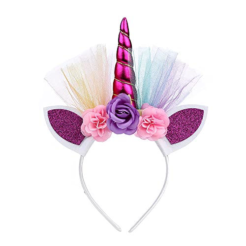 ONECHANCE Einhorn Haarband Einhorn Stirnband mit Blumen Horn Haarreif für Birthday Girl Kinder Erwachsene Geburtstag Ostern Party Cosplay Kostüm Zubehör Color Rose von ONECHANCE
