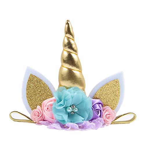 ONECHANCE Elastische Einhorn Haarband Einhorn Stirnband Blumen Horn Haarreif für Girl Kinder Erwachsene Geburtstag Ostern Party Cosplay Kostüm Zubehör Color Horn Gold von ONECHANCE