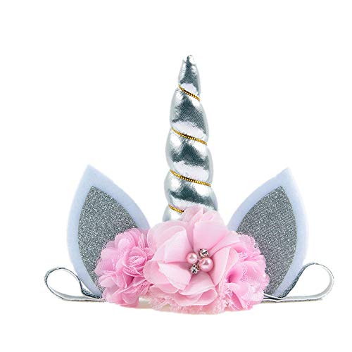 ONECHANCE Elastische Einhorn Haarband Einhorn Stirnband Blumen Horn Haarreif für Girl Kinder Erwachsene Geburtstag Ostern Party Cosplay Kostüm Zubehör Color Horn Silber von ONECHANCE