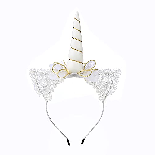 ONECHANCE Unicorn Headband Einhorn Haarband Einhorn Horn Stirnband mit Ohren und Blumen für Halloween Weihnachten Geburtstag Party Color Spitze Weiß von ONECHANCE