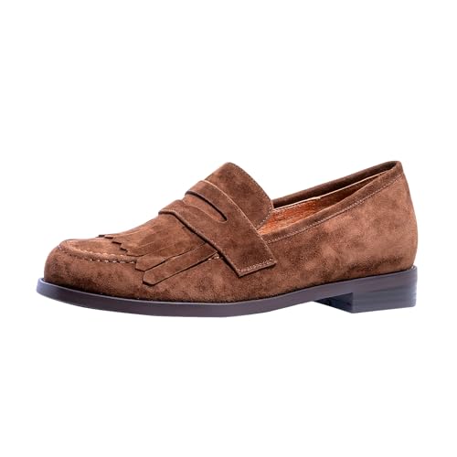 ONEENO Flache Damen-Loafer aus Wildleder mit Fransen, Braun, 39.5 EU von ONEENO