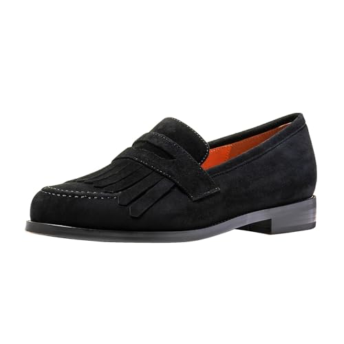 ONEENO Flache Damen-Loafer aus Wildleder mit Fransen, Schwarz, 39.5 EU von ONEENO
