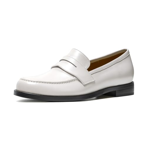 ONEENO Klassische flache Damen-Penny-Loafer aus Leder, Weiss/opulenter Garten, 39.5 EU von ONEENO