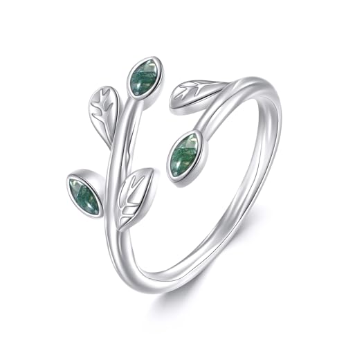 Blattring Sterlingsilber Moosachatblatt Verstellbare Offene Ringe Moosachatschmuck Geschenke Für Frauen von ONEFINITY