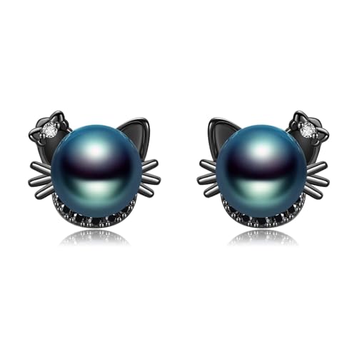 Katze Ohrringe 925 Sterling Silber Schwarz Perlen Ohrstecker Schwarz Katze Schmuck Geschenk für Frauen Damen von ONEFINITY