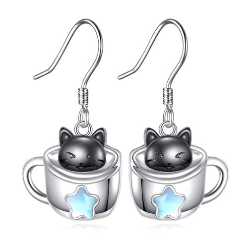 Katzenohrringe 925er Sterlingsilber schwarze Katzentasse baumelnde Ohrringe Tierschmuck Geschenke für Frauen von ONEFINITY
