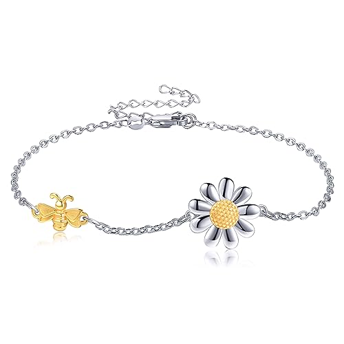 ONEFINIFTY Gänseblümchen Armband 925 Sterling Silber Gänseblümchen Und Biene Armbänder Fußkettchen Gänseblümchen Für Damen Gänseblümchen Schmuck Gesch von ONEFINITY