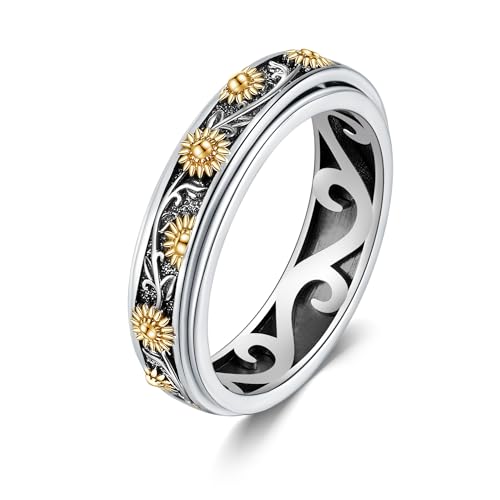 ONEFINITY Stress Ring 925er Sterlingsilber Sonnenblumen Zappelring ADHS Stressabbau Ring drehbar Stimmungsabbau Stressringe Schmuck Geschenk für Frauen und Mädchen Größe 7 von ONEFINITY