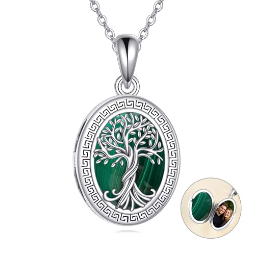 ONEFINITY Baum des Lebens Medaillon Kette mit Malachit 925 Sterling Silber Medaillon Anhänger Fotoschmuck Geschenk für Damen Herren von ONEFINITY