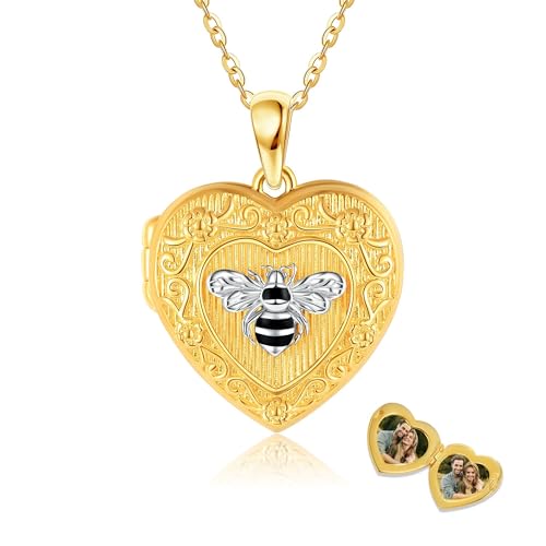 ONEFINITY Biene Medaillon Halskette 925 Sterling Silber, das Bilder hält Foto halten jemanden in Ihrer Nähe Neckalce Biene Schmuck für Frauen von ONEFINITY